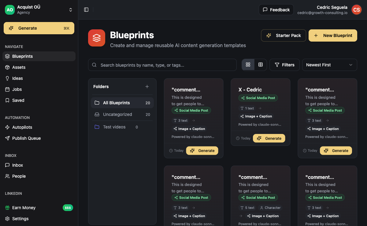 ACA Blueprints dashboard showing AI content generation templates for posts, carousels, and newsletters