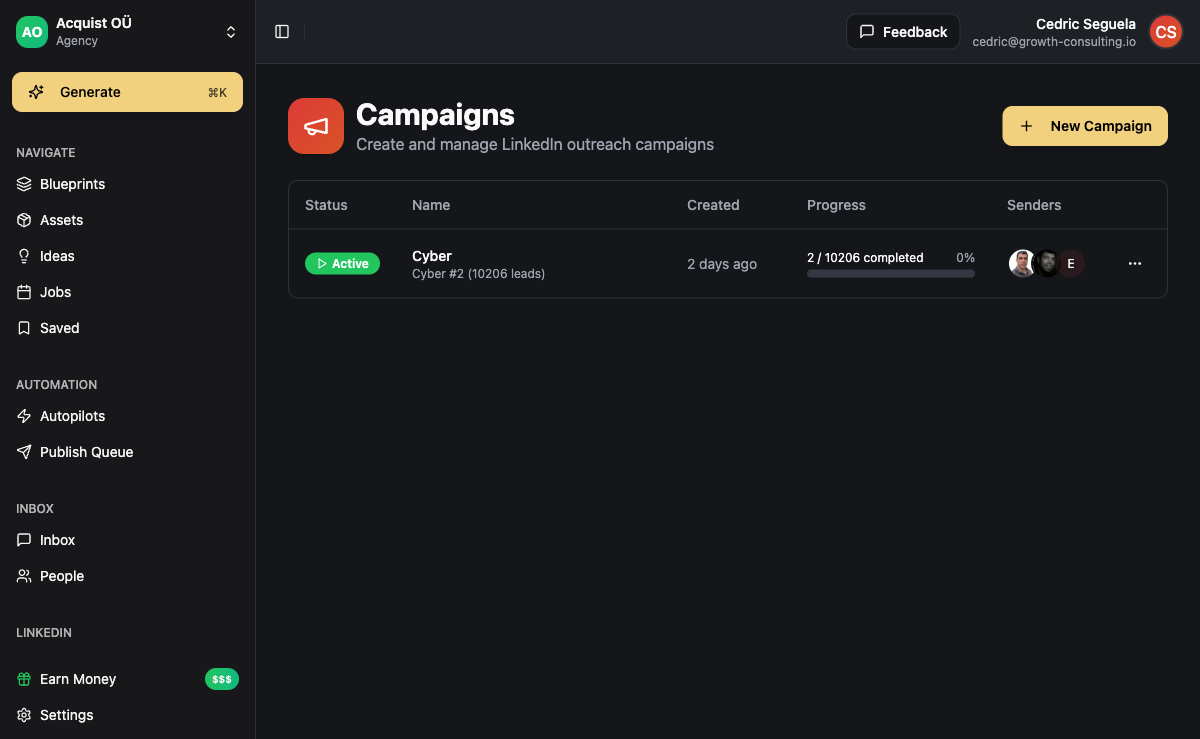 ACA dashboard showing reply rate, meetings booked, and pipeline value for a client