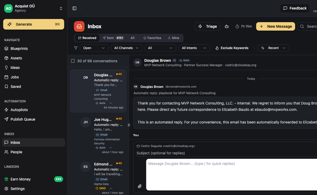 ACA unified inbox showing replies from LinkedIn, email, and WhatsApp in a single conversation view