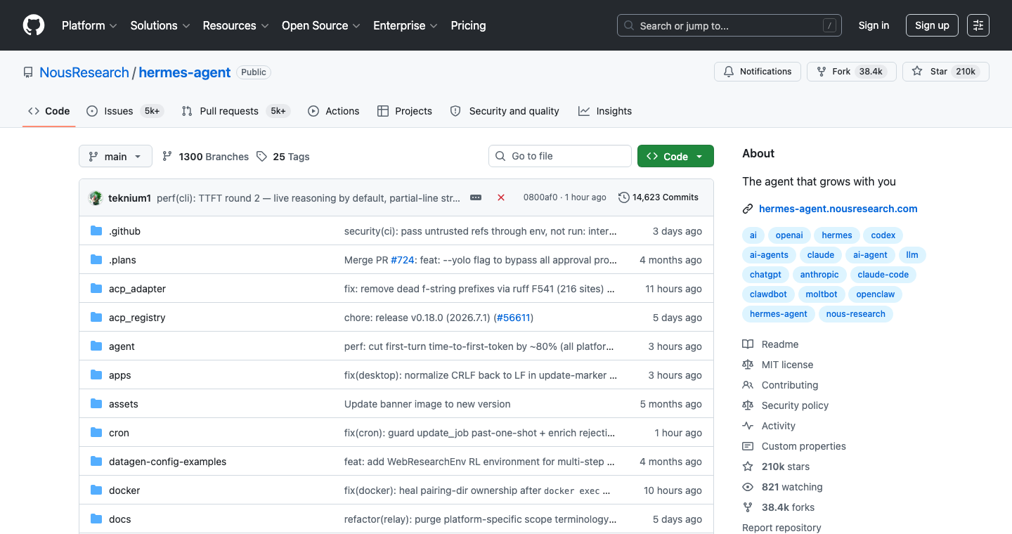 The Hermes Agent GitHub repository showing 210k stars