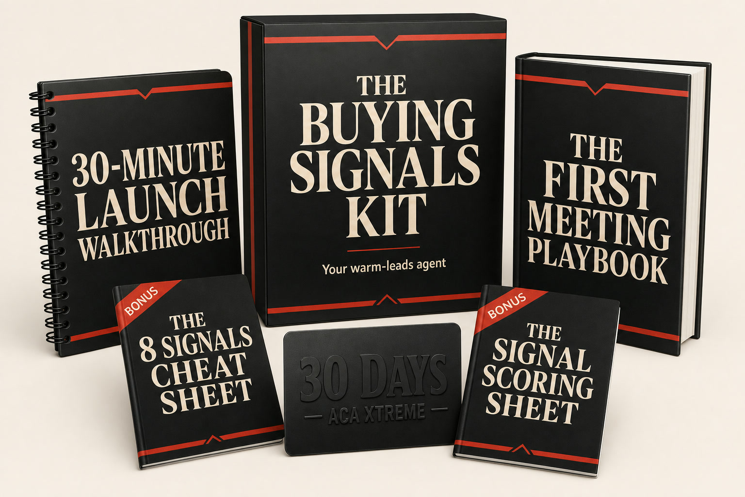 The Buying Signals Kit bundle: the agent, the First Meeting Playbook, the 30-Minute Launch Walkthrough, both bonuses, and 30 days of ACA Xtreme